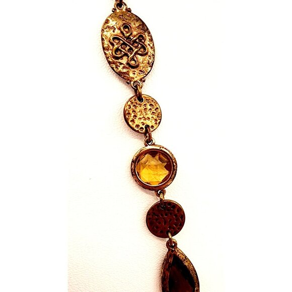Long 70s Style Hammered Gold Tone Necklace With Amber-Colored Stones Fall Boho - Picture 3 of 8